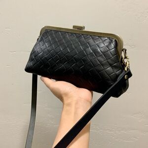Handmade Black Genuine Lambskin Weave Textured Clutch/ Shoulder Bag/Crossbody